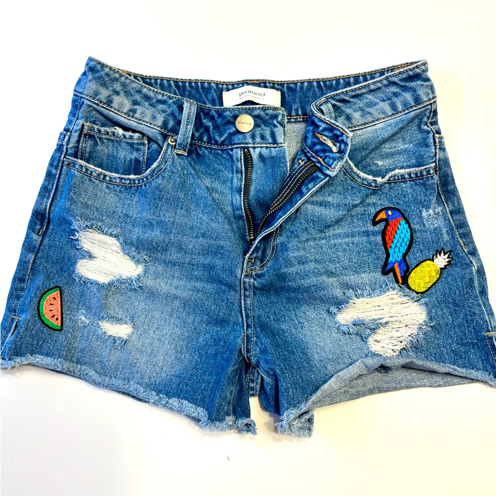 Promod Women’s Denim Patch High Rise Cut Off Blue Distressed Jeans Shorts